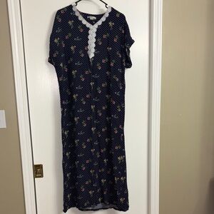 Dark Blue Floral Maxi Dress with White Trim
